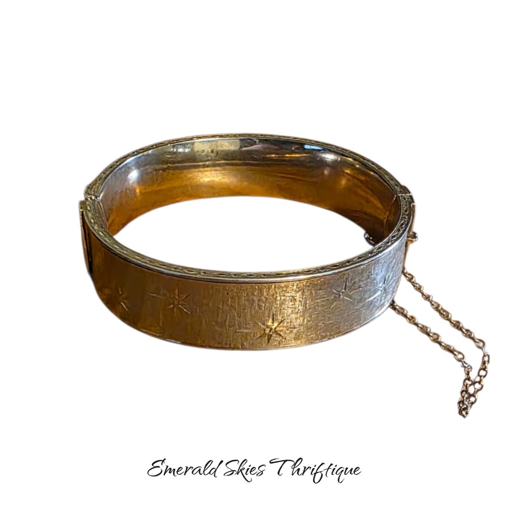 Vintage whiting and davis cuff bracelet with security chain gold tone hinged